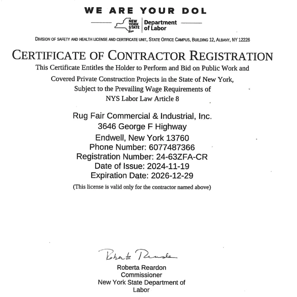 Certificate of contractor registration | Endwell Rug & Floor